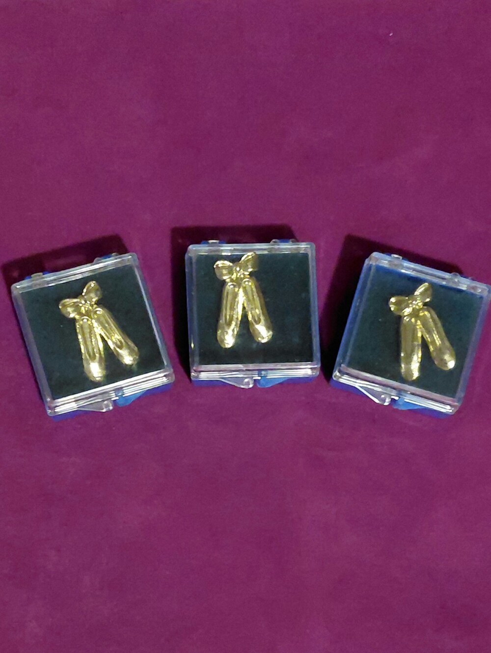 3 Vintage Ballet Slippers NWOT Chenille Pins Gold Tone Individual Cases Set Of 3